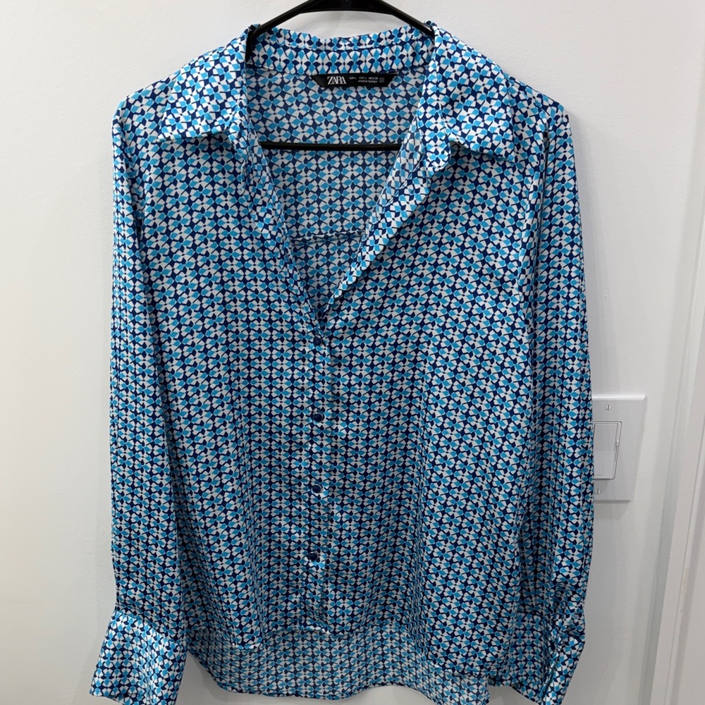 Zara Blue Geometric Button-Up Shirt